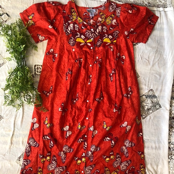 Women's M House Dress Butterfly Pattern Orange Button Up India Anthony Richards - Picture 1 of 4